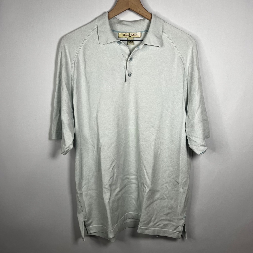 Vintage 90s Tommy Bahama Men Large Light Blue Silk Knit Polo Shirt Palm Tree Tag